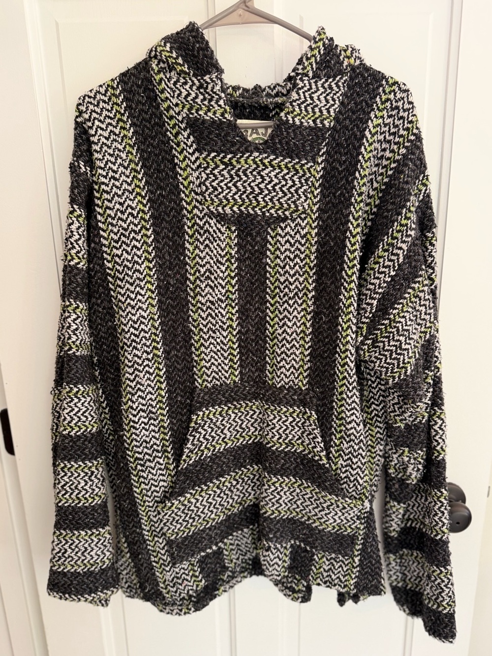 Baja Joe XL Black Green Striped Woven Pullover Hoodie Boho Surfer Grunge